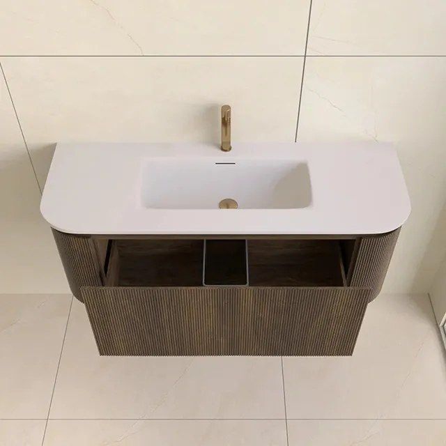 Lambini Designs Eleganza rond badmeubel 120cm dark walnut met ribbelfront en wastafel met kraangat