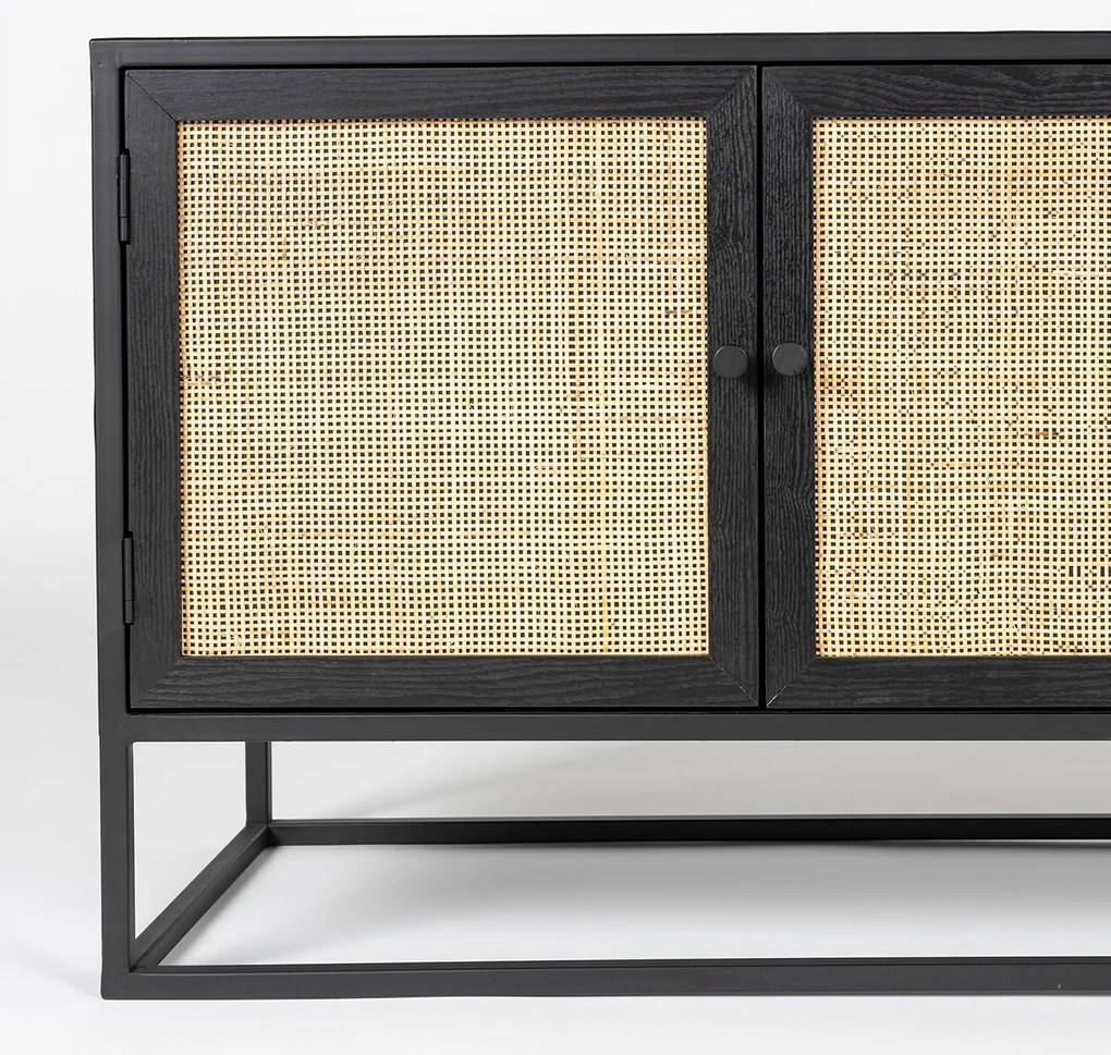 Japandi Tv-meubel Zwart Met Rotan - 150x38x55cm.