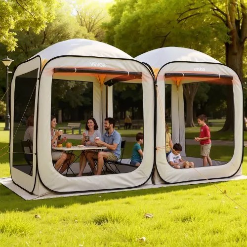VEVOR Campingtent, 365,76 x 182,88 cm, 2-in-1 pop-up tent, draagbare partytent met draagtas, gaaswanden en grondpinnen, voor tuin, terras en buitenactiviteiten, beige