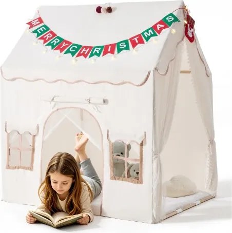 VEVOR Speelhuisje Kindertent 2-in-1 Bedtent 1250x1100x1400mm Beige, Speelhuisje voor Peuters, Houten Frame, met Gewatteerde Mat, Sterrenlampjes, Pompons & Ademend Raam