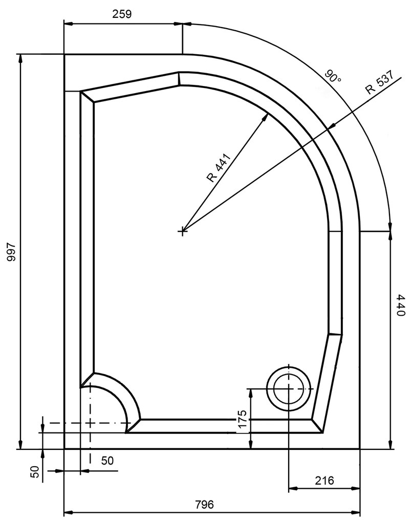 Gelco Riva kwartronde douchebak 100x80cm links wit