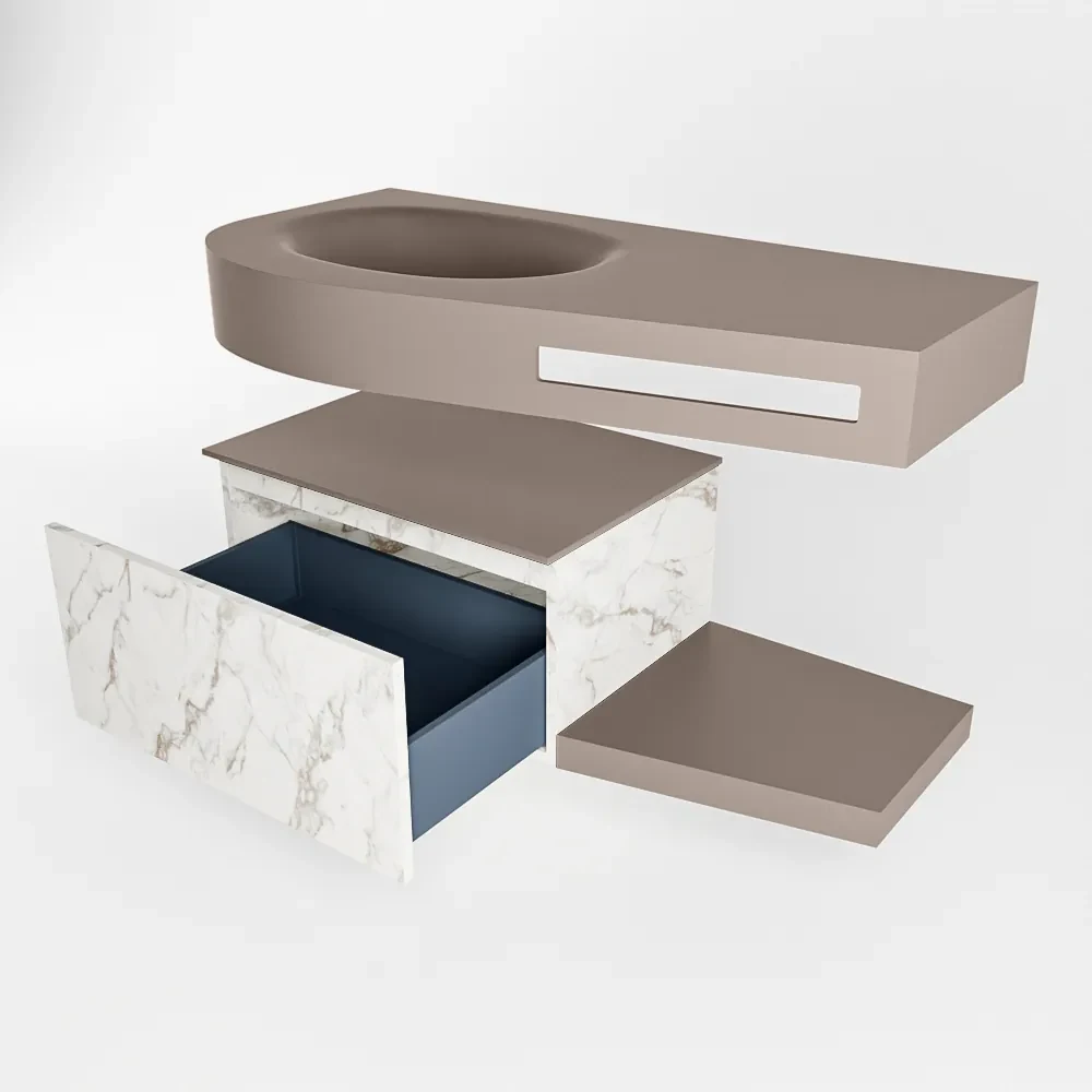 Mondiaz Riva badmeubel 100cm Carrara met 1 lade en wastafel links 0 kraangaten Smoke