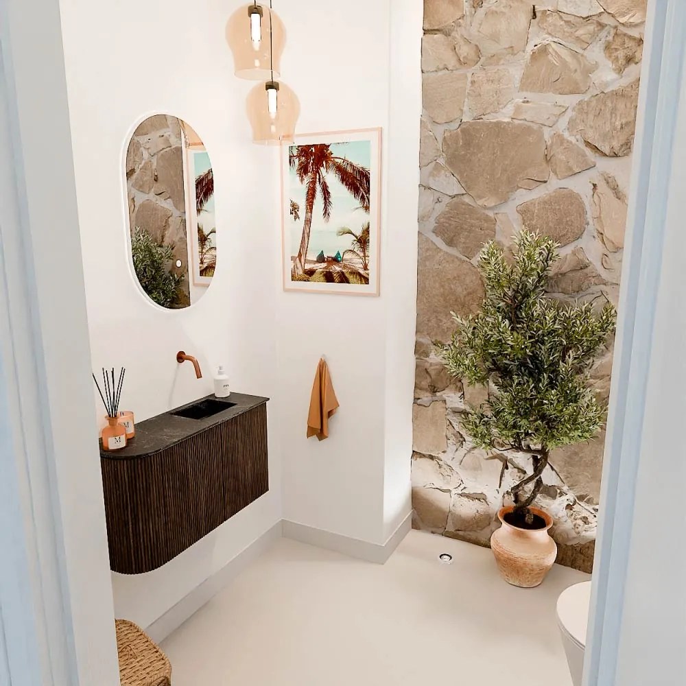 Mondiaz Joya DLux 70cm toiletmeubel ronding links walnut met wastafel faye rechts zonder kraangat lava
