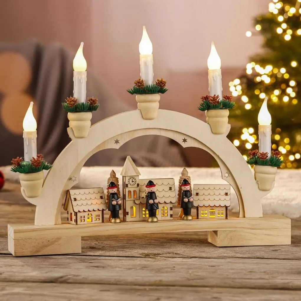 Spetebo Led-kerststad, huis met dennenbomen, 18 cm, kerstdorpscène met 9 kleurrijke leds, kerstdecoratie, tafeldecoratie, verlicht