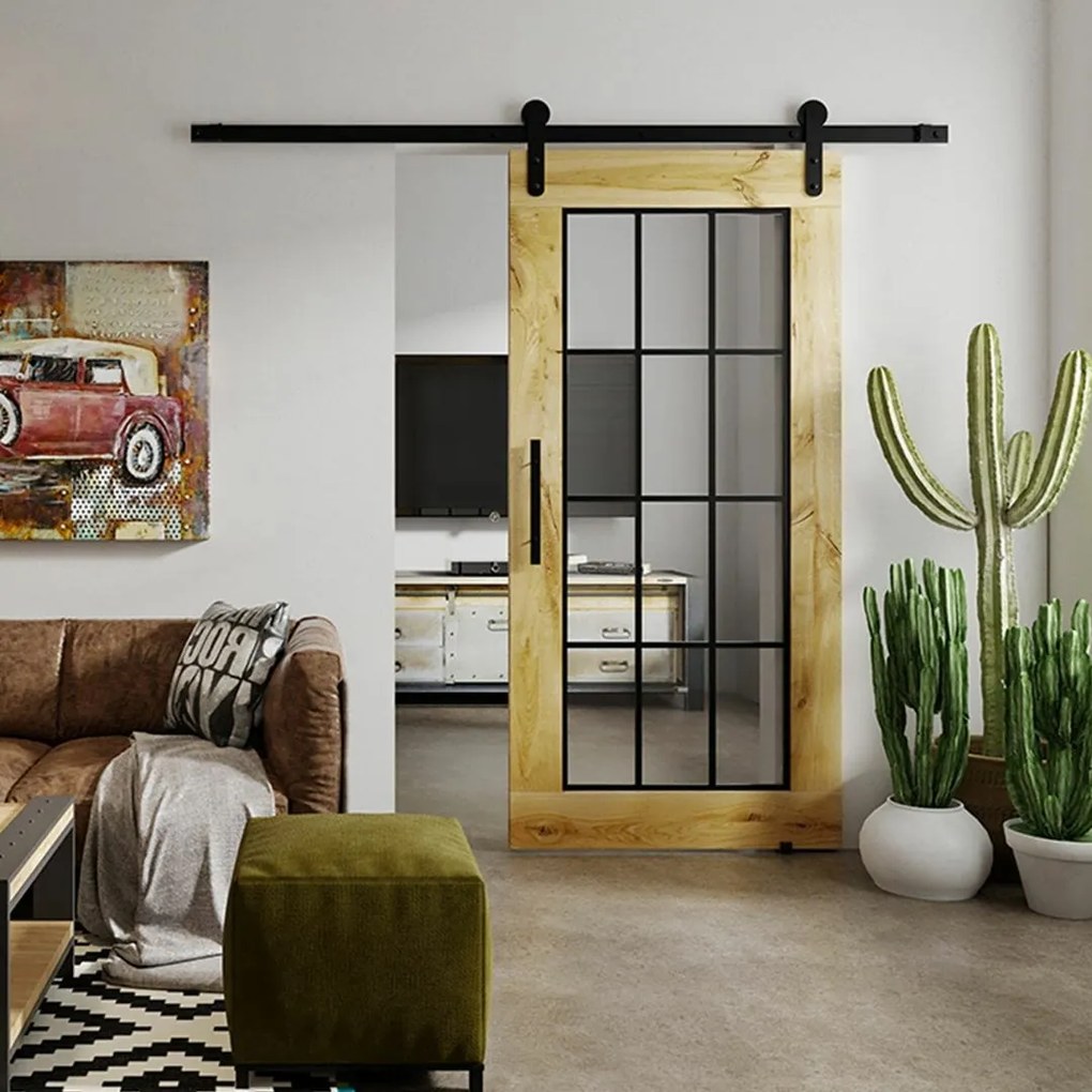 Houten Schuifdeur -  Met Glas (onbehandeld) - Zwart - Incl. Rails
