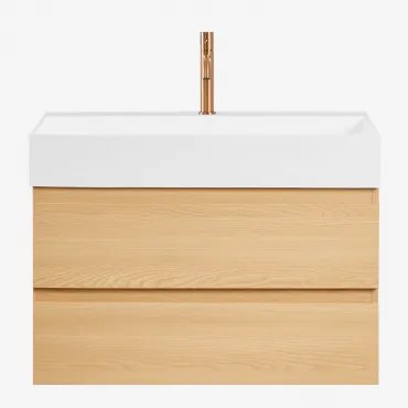 Ona Zwevend Badkamermeubelset Van Hout En Essenfineer Met Geïntegreerde Wastafel Natuurlijk Hout & Spiegelloze & Roségoud - Sklum