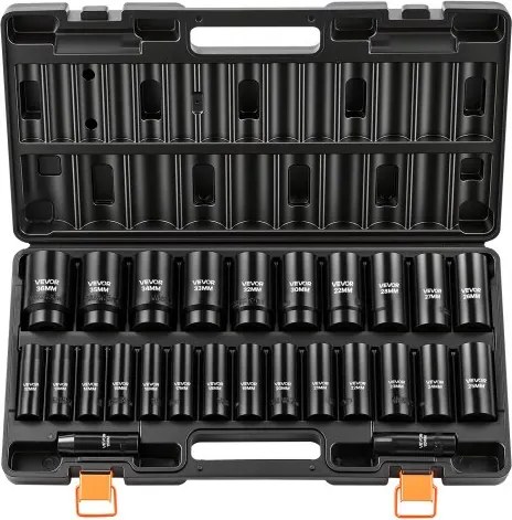 VEVOR Slagsleutelset met Doppen, 1/2 inch, 26-delig, Inbussleutels, Metrische maten 10–30 mm, 32–36 mm, Slagsleutelset met Koffer, Gemaakt van Chroom-Vanadium Gelegeerd Staal, voor Voertuigreparaties