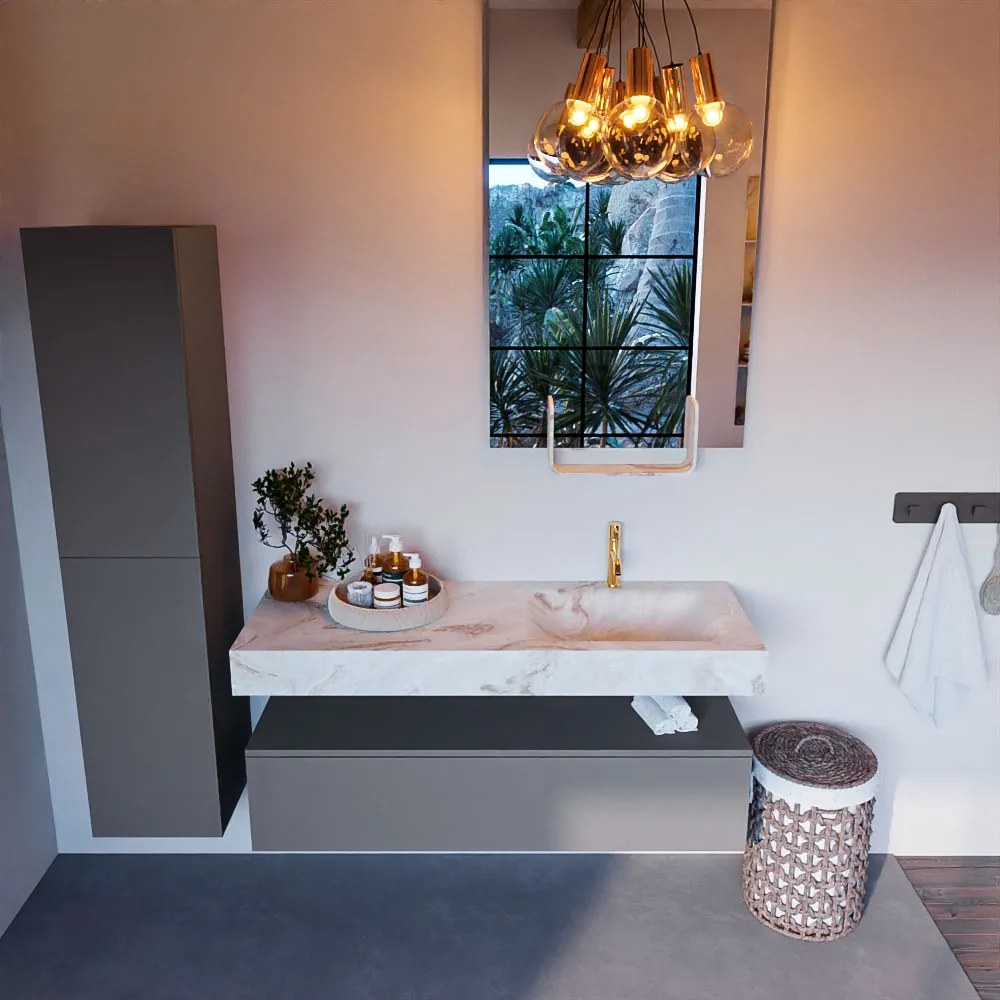 Mondiaz Alan DLux badmeubel 130cm plata 1 lade met wastafel frappe rechts 1 kraangat
