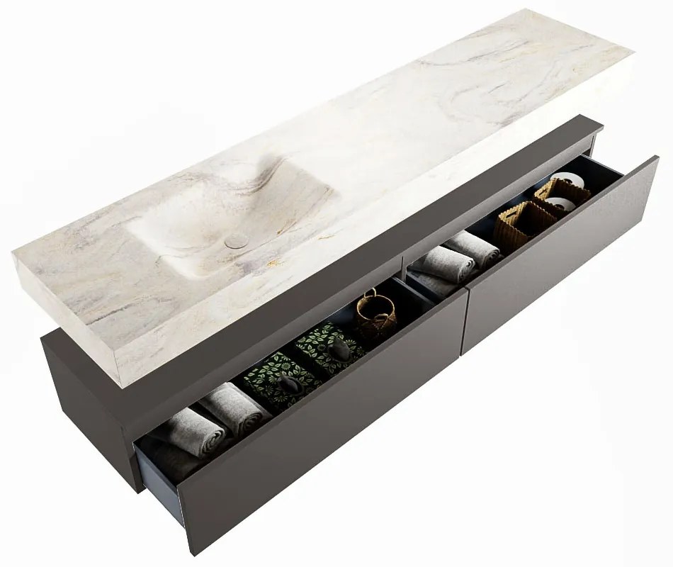 Mondiaz Alan DLux badmeubel 200cm dark grey 2 lades met wastafel ostra links zonder kraangat