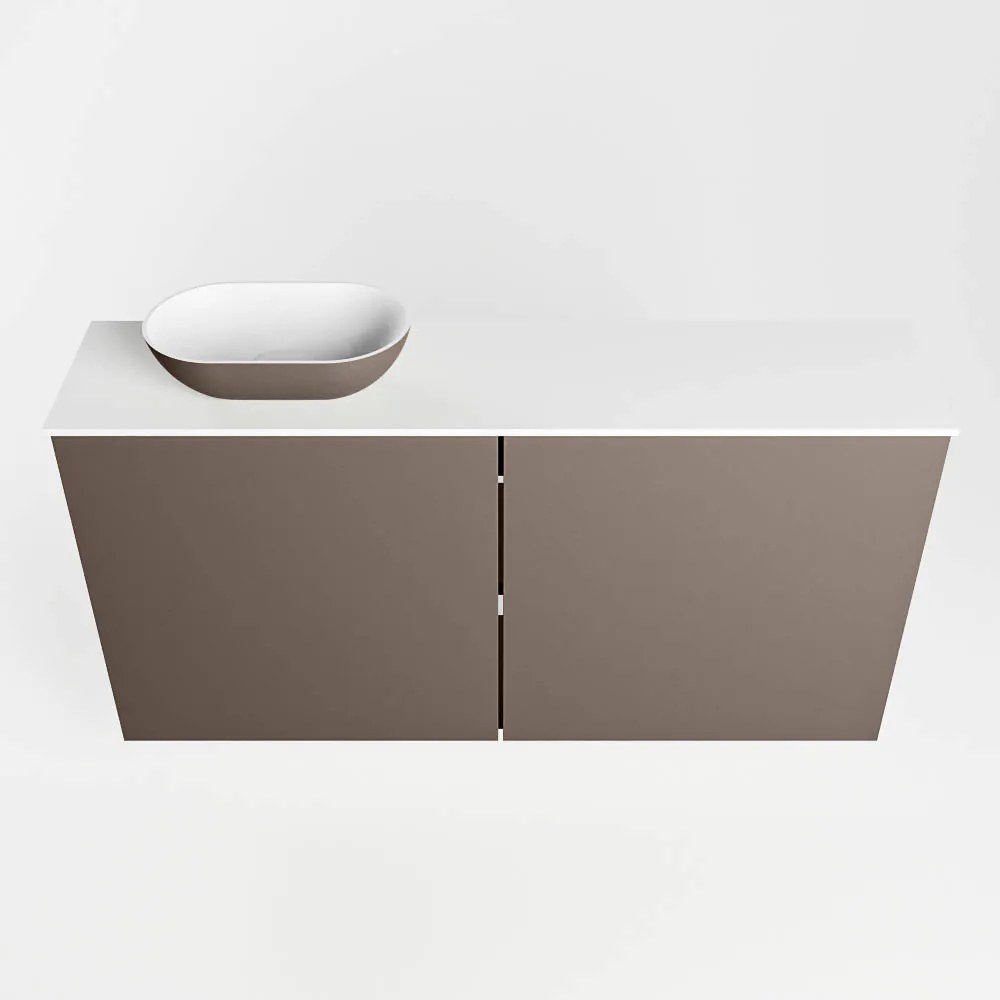 Mondiaz Fowy toiletmeubel 100cm smoke met taupkleurige waskom links en kraangat