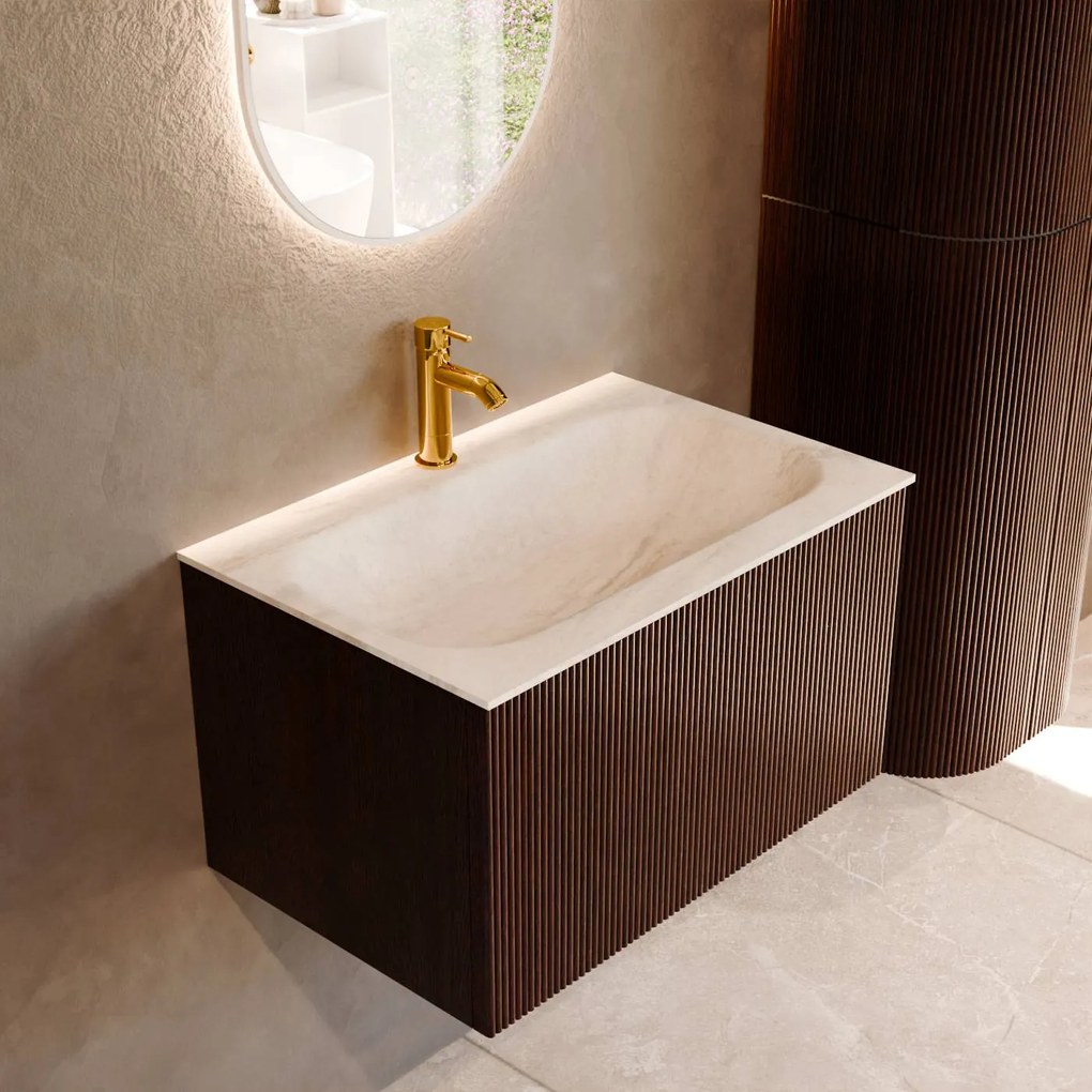 Mondiaz Kurve-dlux 70cm badmeubel ruby met 1 lade en wastafel big small midden 1 kraangat ostra