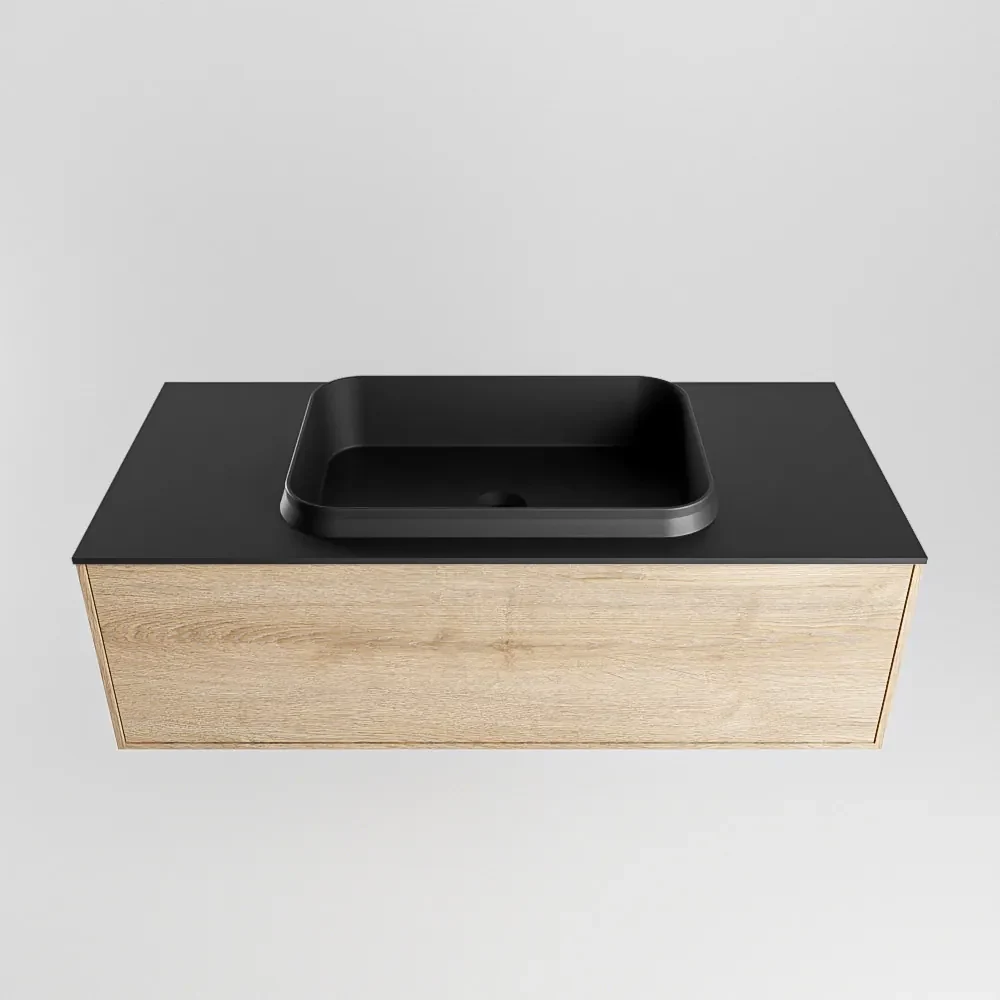 Mondiaz Erin 100cm badmeubel Washed Oak met 1 lade en zwarte wastafel midden 1 kraangat