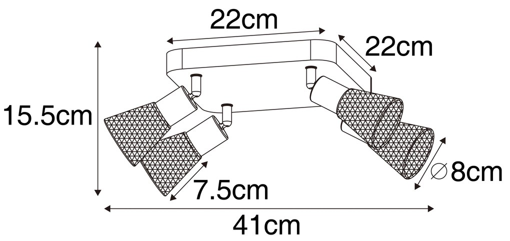 Industriële spot zwart met hout 4-lichts - Kristina