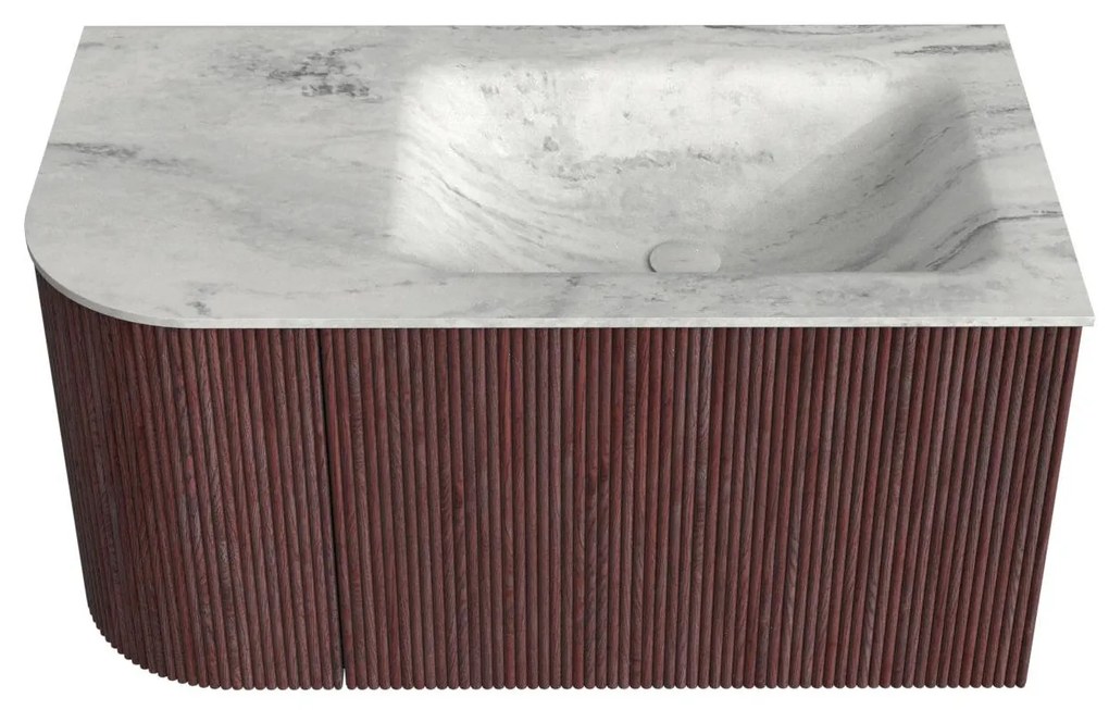 Mondiaz Kurve-dlux 85cm badmeubel ronding links ruby met 1 lade en deur en wastafel cloud rechts zonder kraangat opalo