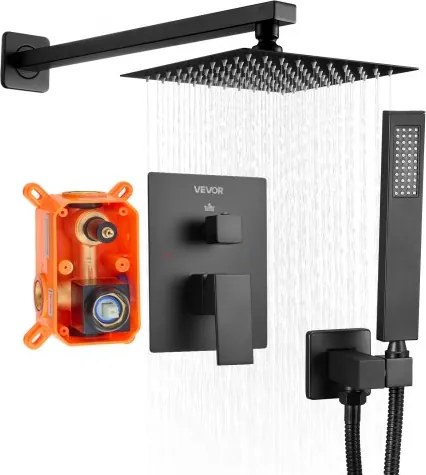 VEVOR Douchekraan Regendouchesysteem voor Badkamer Douchesysteem met 203 mm Vierkante Regendouchekop &amp; Handdouche, Wandgemonteerde Badkamerkranen met Messing Klep &amp; Afwerkingsset, Mat Zwart