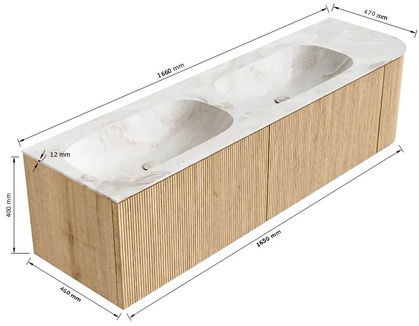 Mondiaz Kurve-dlux 165cm badmeubel ronding rechts oak met 2 lades en 1 deur en wastafel stor small dubbel/links zonder kraangat lava