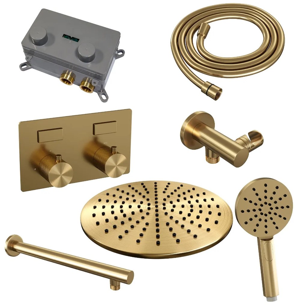 Brauer Gold Carving thermostatische inbouw regendouche met 3 standen handdouche, rechte muurarm en hoofddouche 30cm set 56 messing geborsteld PVD