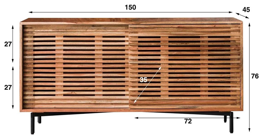 Dressoir Met Schuifdeuren Acacia Hout - 150x45x76cm.