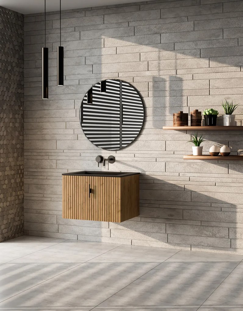Muebles Raya badmeubel ribbelfront 60cm warm eiken met zwarte wastafel zonder kraangat