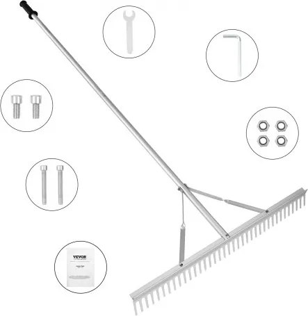 VEVOR Gazonhark 1915 x 914 x 100 mm Gazonhark Aluminiumlegering Bladhark 37 tanden Onkruidhark 27,8 x 1905 mm Handvatmaat Veervergrendelingsmechanisme Tuinhark voor land-/wateromgevingen