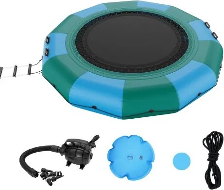 VEVOR Opblaasbare watertrampoline met ladder, waterdicht, slijtvast, watertrampoline, 3,66 m groot springoppervlak, springplatform, waterpark zwembadtrampoline, blauw + groen, draagvermogen 226 kg