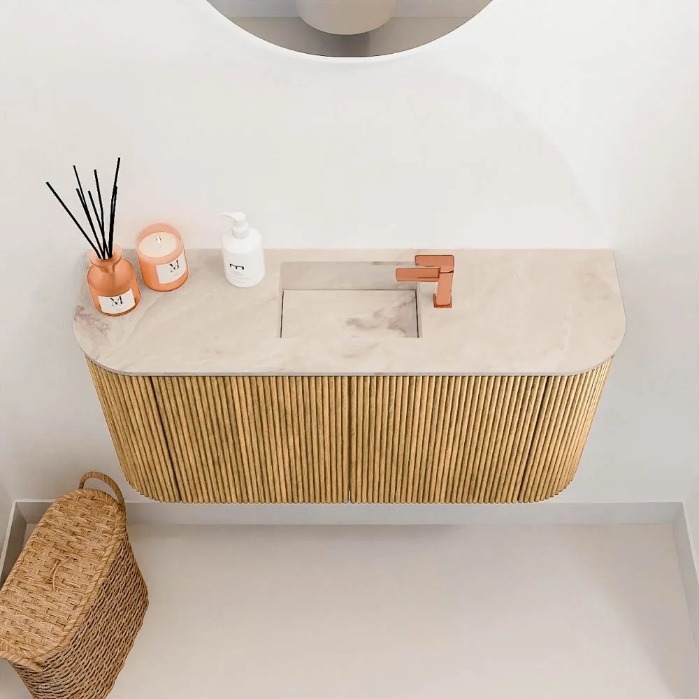 Mondiaz Joya DLux 85cm toiletmeubel ronding links/rechts oak met wastafel faye midden 1 kraangat frappe