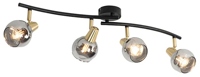 Art Deco plafondlamp goud met smoke glas 4-lichts - Vidro