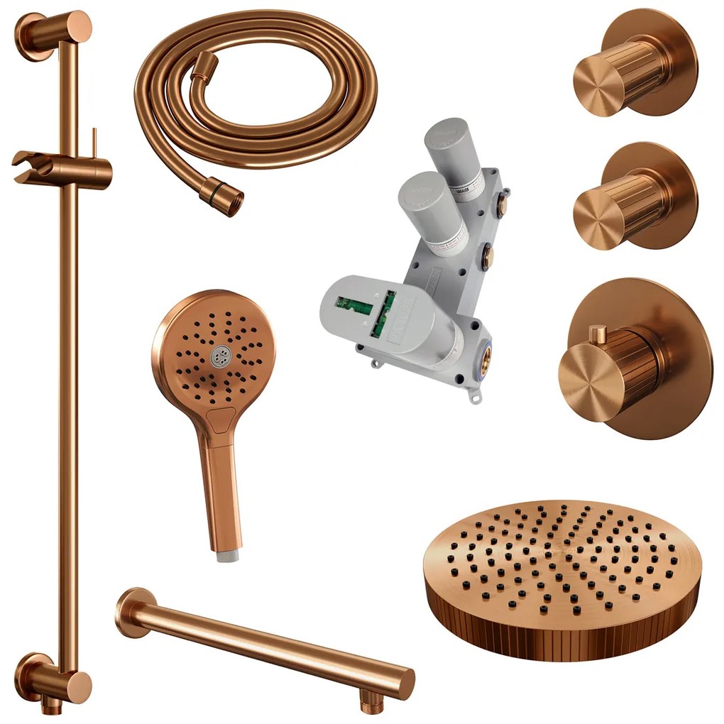 Brauer Stripe inbouw regendouche met 25cm hoofddouche, rechte muurarm en 3 standen handdouche en glijstang set 10 koper geborsteld PVD
