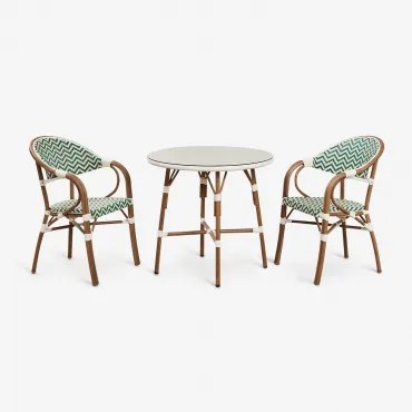 Brielle Bistro Ronde Tafelset, Ø80 Cm, En Twee Stapelbare Eetkamerstoelen Met Armleuningen Van Aluminium. Groen – Kool - Gardenia Wit - Sklum
