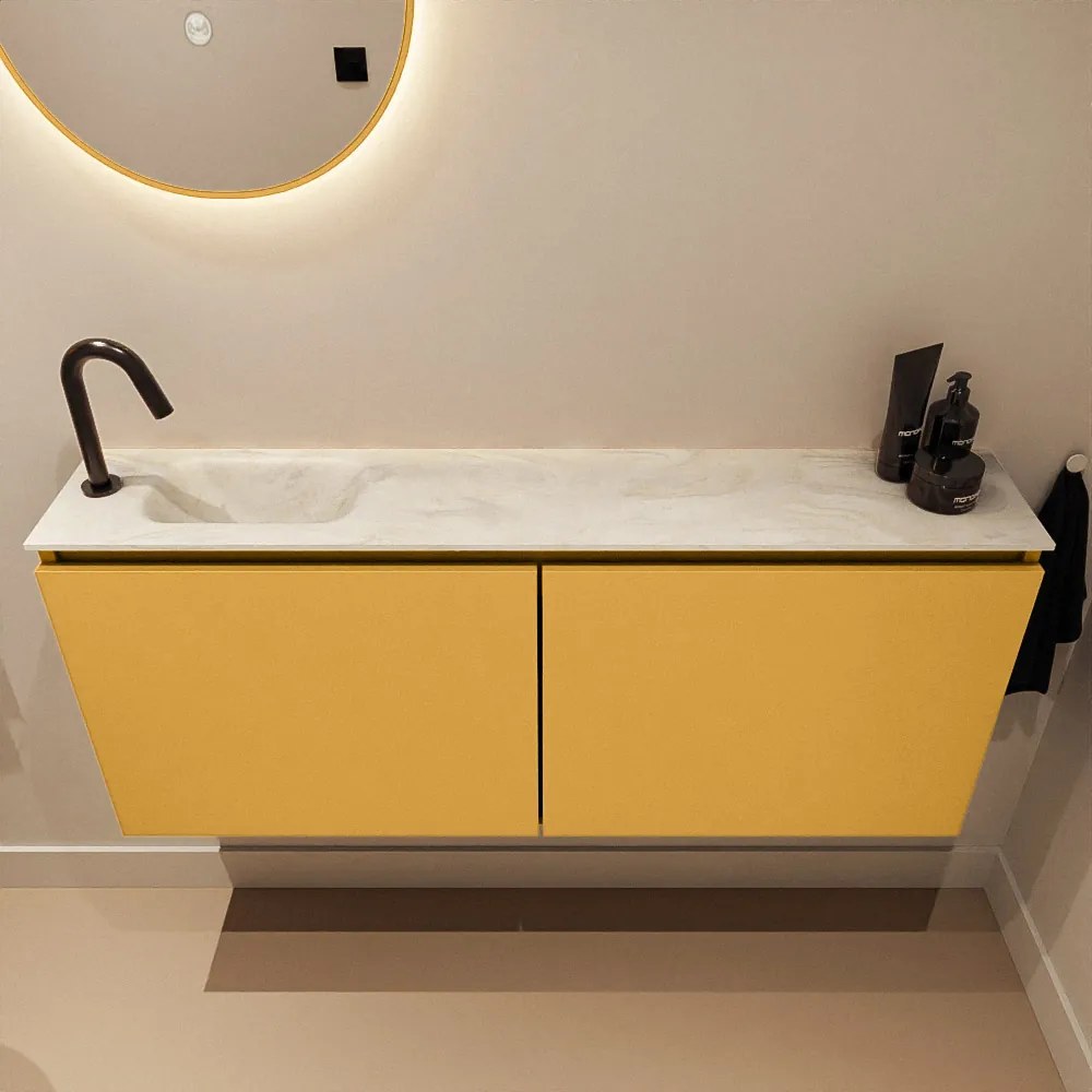 Mondiaz Ture DLux toiletmeubel 120cm ocher met wastafel ostra links met kraangat