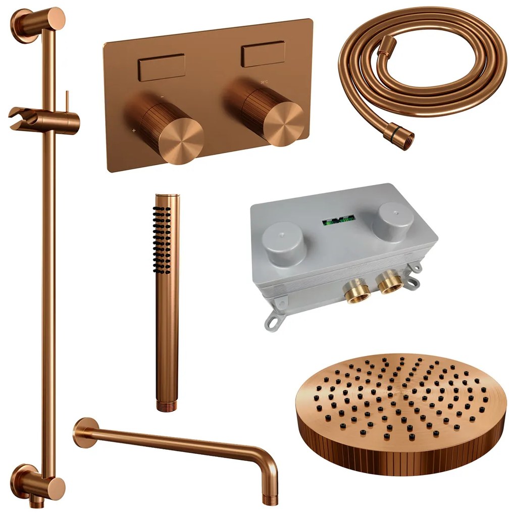 Brauer Stripe inbouw regendouche met 25cm hoofddouche, gebogen muurarm, staafhanddouche en glijstang set 32 koper geborsteld PVD