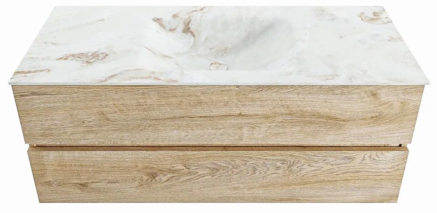 Mondiaz Vica DLux badmeubel 120cm washed oak 2 lades met wastafel frappe midden 1 kraangat