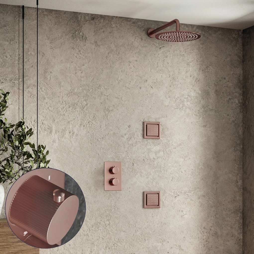 Saniclear Copper Stripes inbouw regendouche 30cm met vierkante massagejets en muurarm geborsteld koper