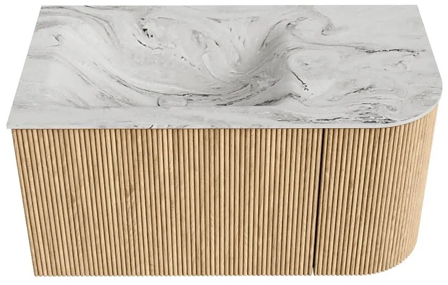 Mondiaz Kurve-dlux 85cm badmeubel ronding rechts oak met 1 lade en deur en wastafel cloud links zonder kraangat glace