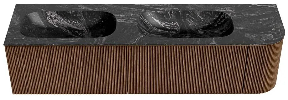Mondiaz Kurve-dlux 175cm badmeubel ronding rechts walnut met 2 lades en 1 deur en wastafel stor small dubbel/links zonder kraangat lava