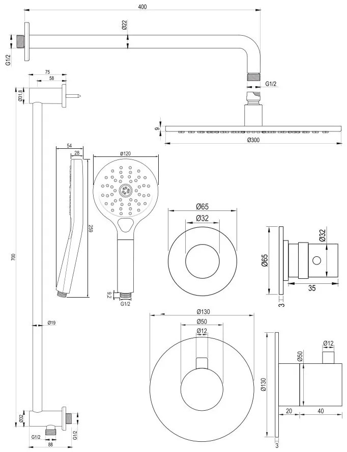 Brauer Copper Edition complete inbouw regendouche met 3 standen handdouche, gebogen wandarm, glijstang en hoofddouche 30cm set 22 koper geborsteld PVD