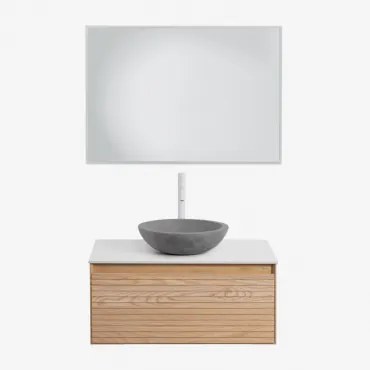 Tedrik Zwevend Badkamermeubelset Van Essenhout Ash Brown & Rond Grijs Cement Ø40 Cm Tarsis & Rechthoekige Led En Anticondens 100x70 Cm - Sklum