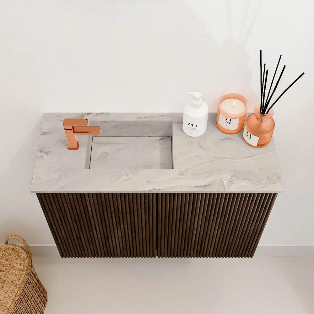 Mondiaz Joya DLux 60cm toiletmeubel walnut met wastafel faye links 1 kraangat glace