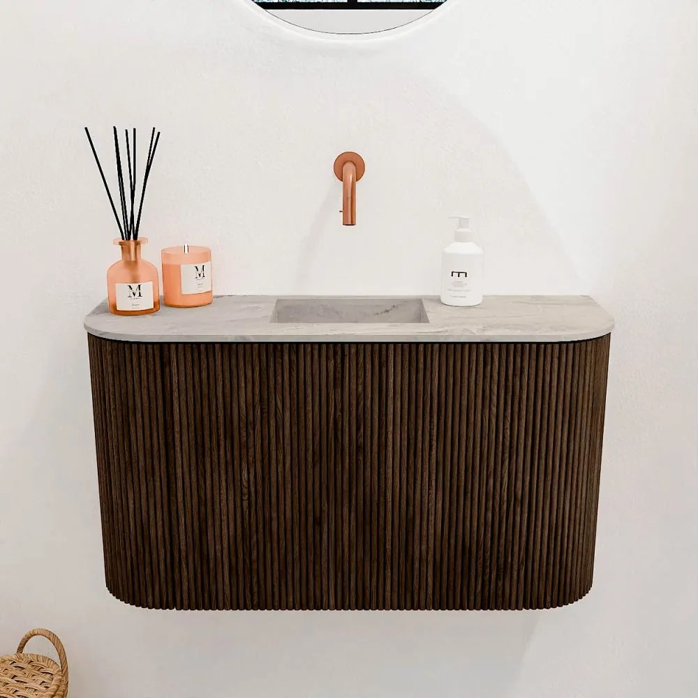 Mondiaz Joya DLux 75cm toiletmeubel ronding links/rechts walnut met wastafel faye midden zonder kraangat glace