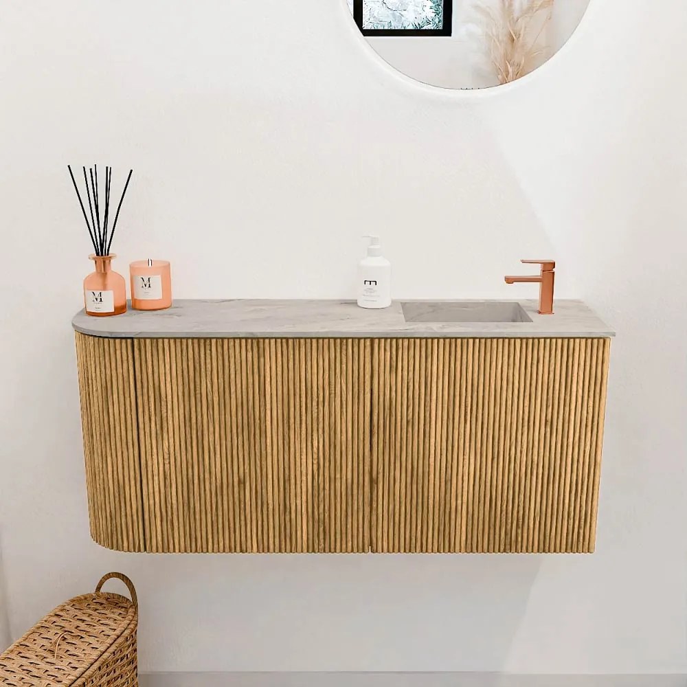 Mondiaz Joya DLux 90cm toiletmeubel ronding links oak met wastafel faye rechts 1 kraangat glace