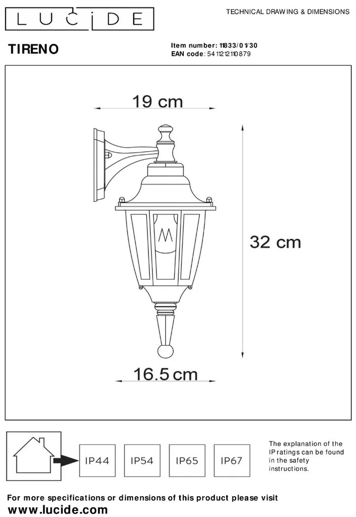 Lucide Tireno lantaarn LED wandlamp 60W 37x20cm zwart