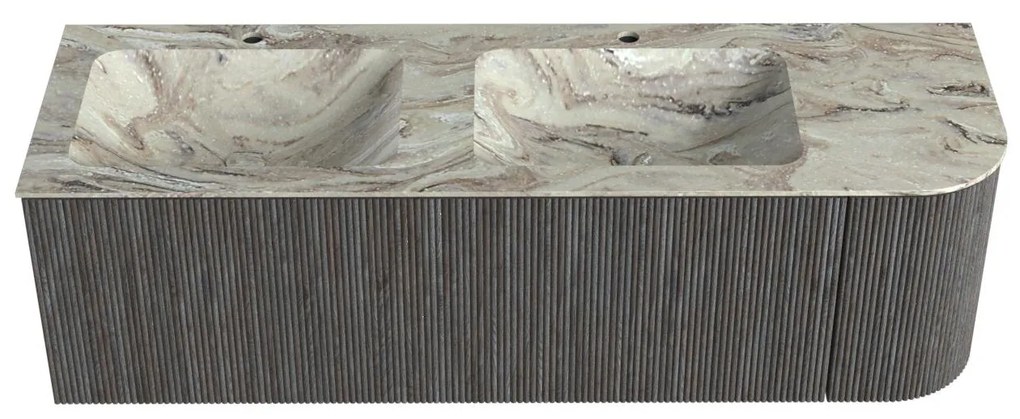 Mondiaz Kurve-dlux 145cm badmeubel ronding rechts shadow met 1 lade en deur en wastafel leaf dubbel/links 2 kraangaten glace