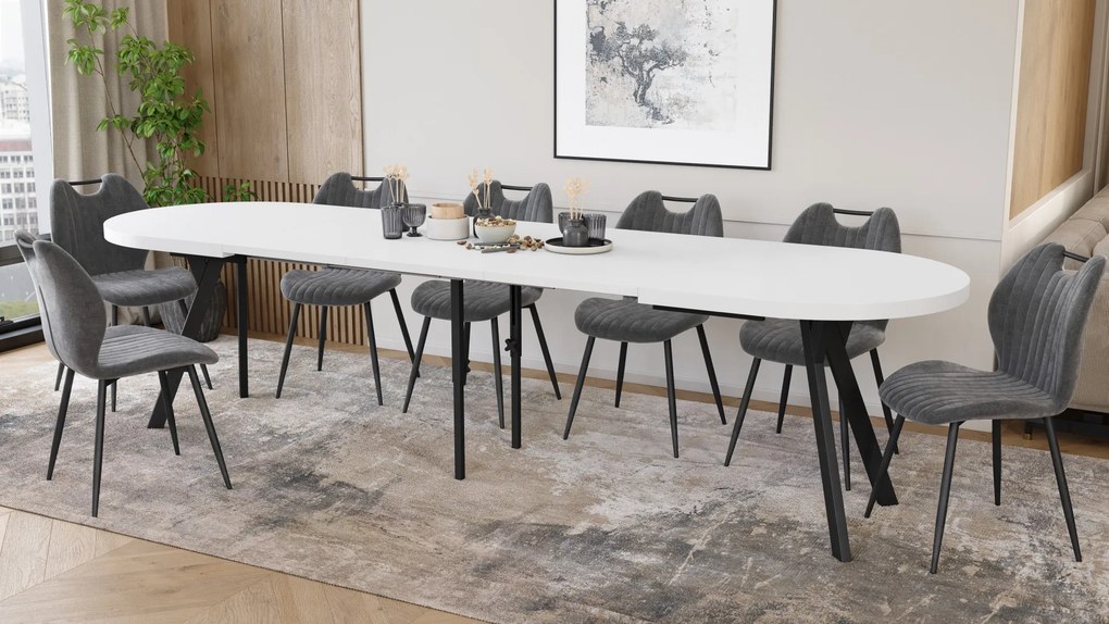 Mazzoni EXPANSO Wit mat / zwarte poten - OVALE UITSCHUIFTAFEL 160-360 cm VOOR 16-18 PERSONEN