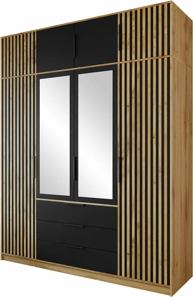 Kledingkast Collis II, Zwart, Wotan eik, 200x196x58cm, Kledingkast deuren: Met scharnieren