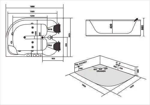 Plazan Carmen luxe whirlpool 180x120x66cm Rechts