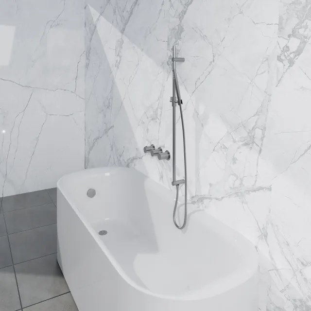 Fortifura Nebbio Badcombinatie-set - thermostaatkraan - glijstang met geïntegreerde wandaansluitbocht - metalen doucheslang - staaf handdouche - badvulcombinatie - geborsteld RVS PVD (RVS) SW1183066 SW1111529 SW706208 SW496812 SW1108811 SW