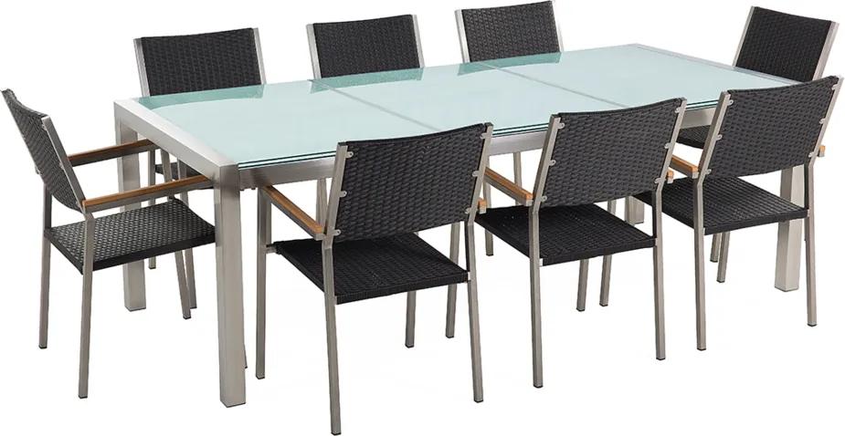 Tuinset matglas/RVS driedelig tafelblad 220 x 100 cm met 8 stoelen zwart rotan GROSSETO