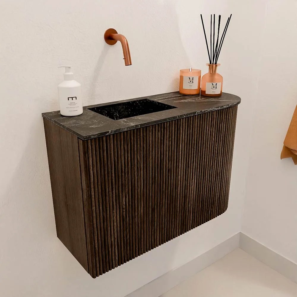 Mondiaz Joya DLux 60cm toiletmeubel ronding rechts walnut met wastafel faye links zonder kraangat lava