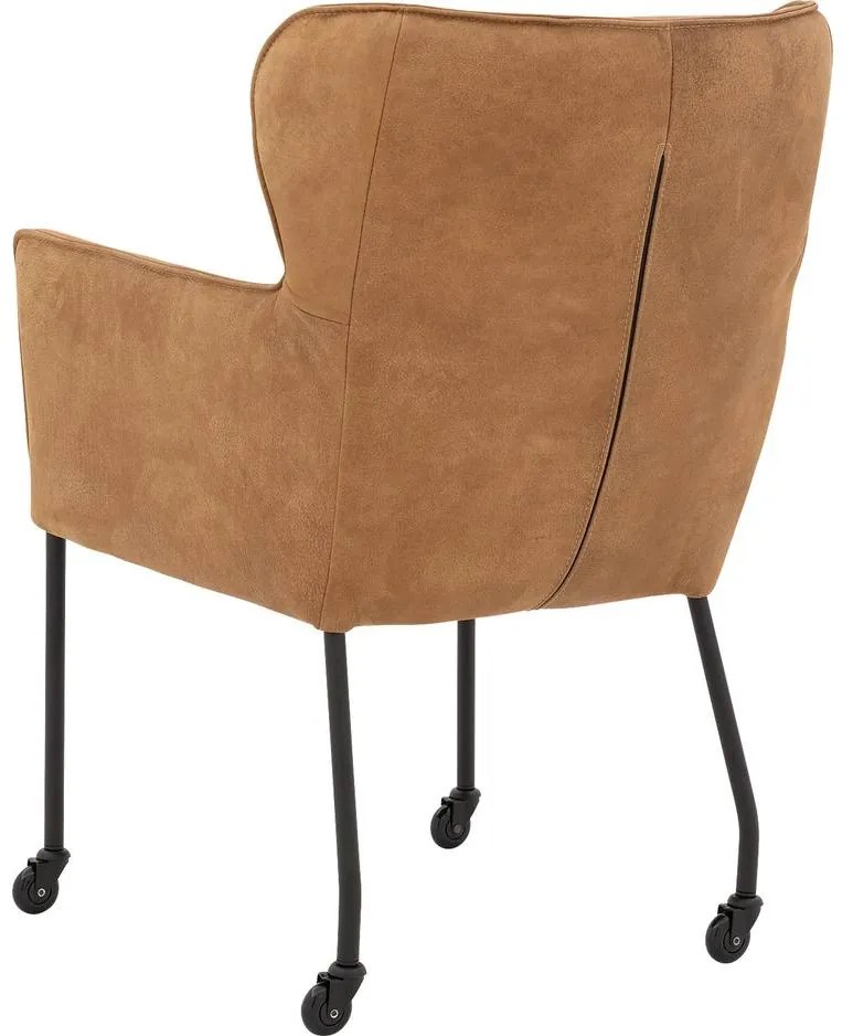 Goossens Excellent Eetkamerstoel Leogang donkerbruin leer met armleuning en Zwart skater wiel met zwarte kapmet wielen, elegant chic