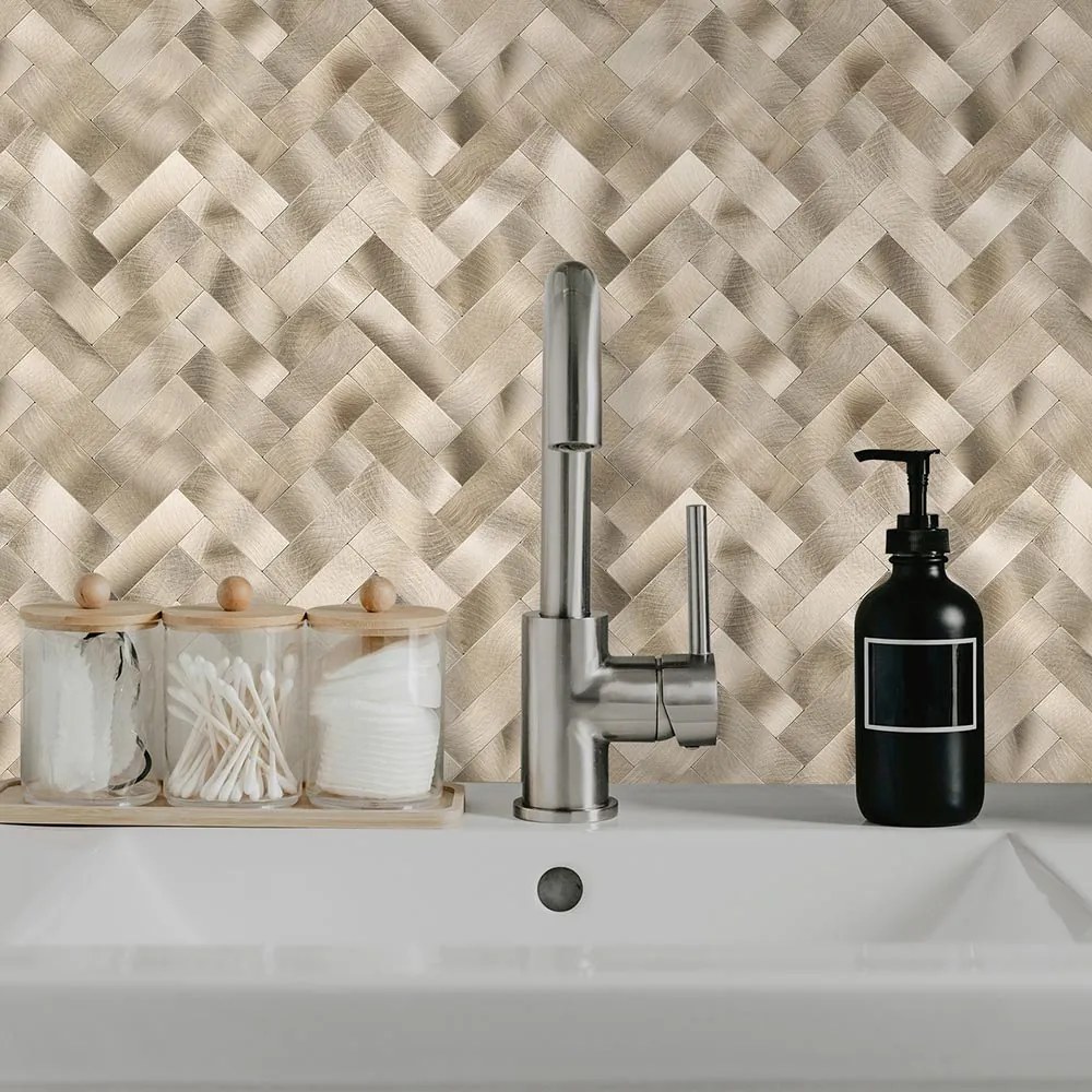 Zelfklevend Mozaiek Visgraat Goud - 25.5 cm x 31.8 cm x 0.40 cm | 0.5 kg | Paneli zelfklevende steenstrips